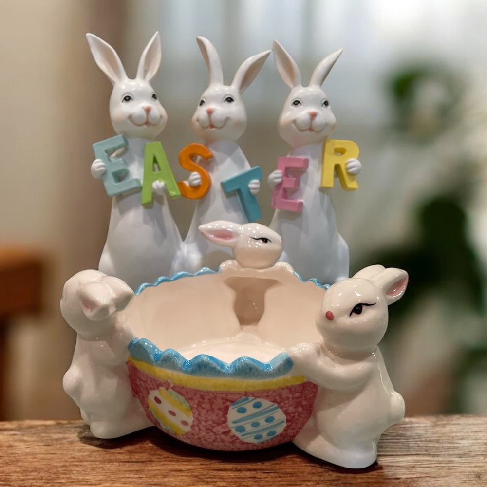 2 Easter Bunny items, 1  Ceramic Bowl marked Nantucket & 9” bunnies